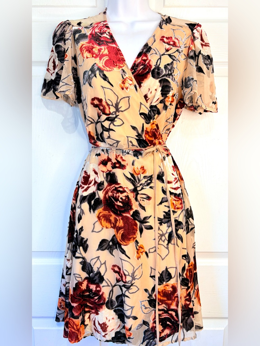 Aakaa Velvet Burnout Floral Flutter Sleeve Fairycore Wrap Dress Size Large